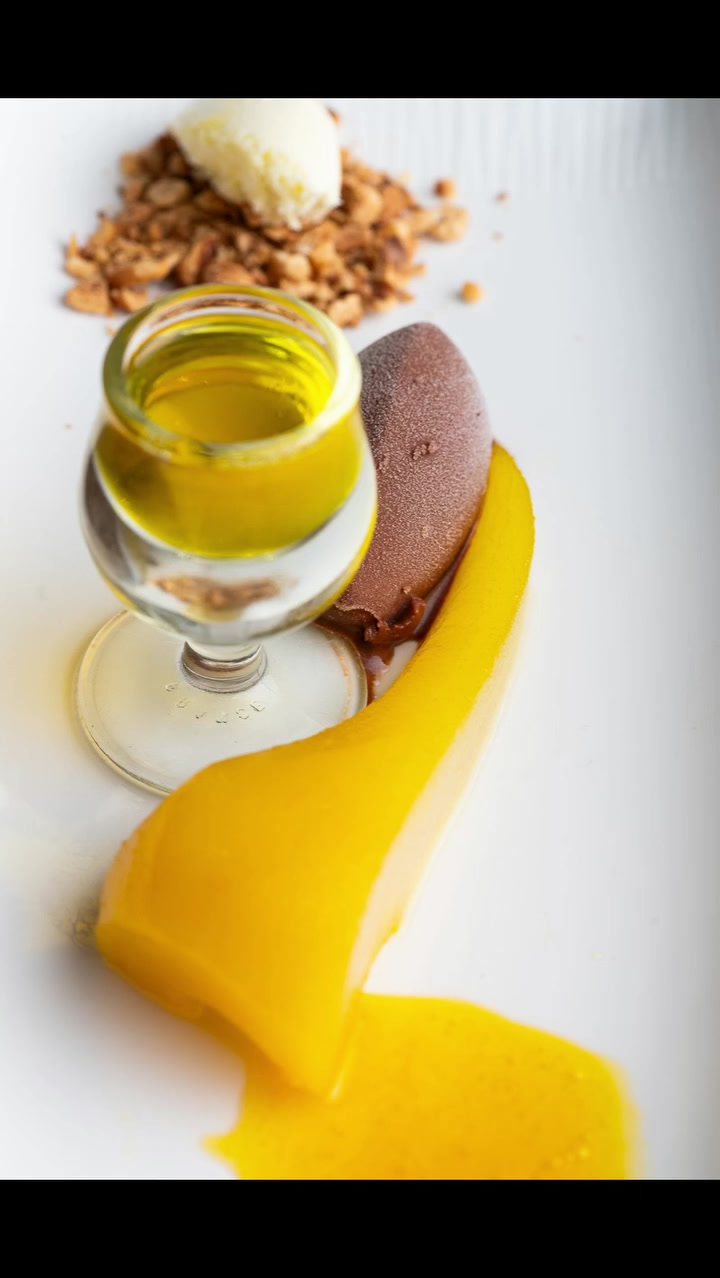 A dessert plate of chocolate mousse, mango and toffee ice cream