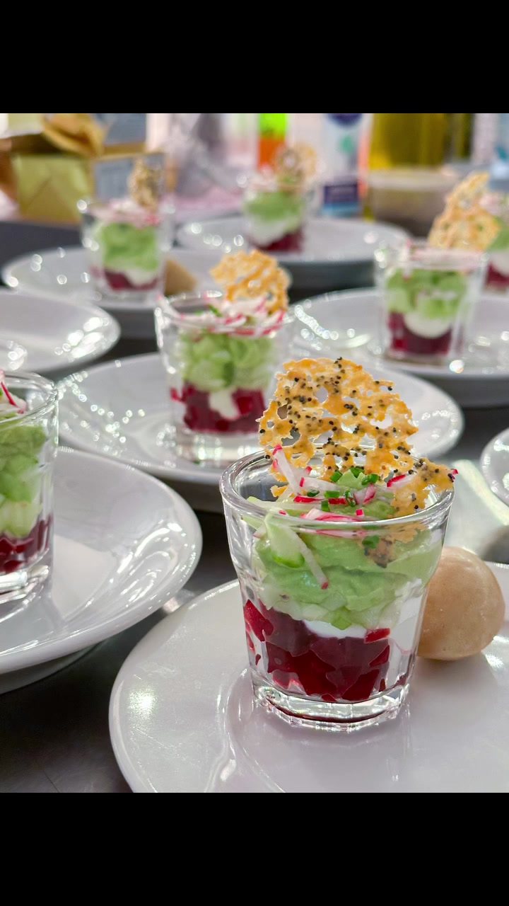 Beetroot and goat's cheese canapés served in small glasses